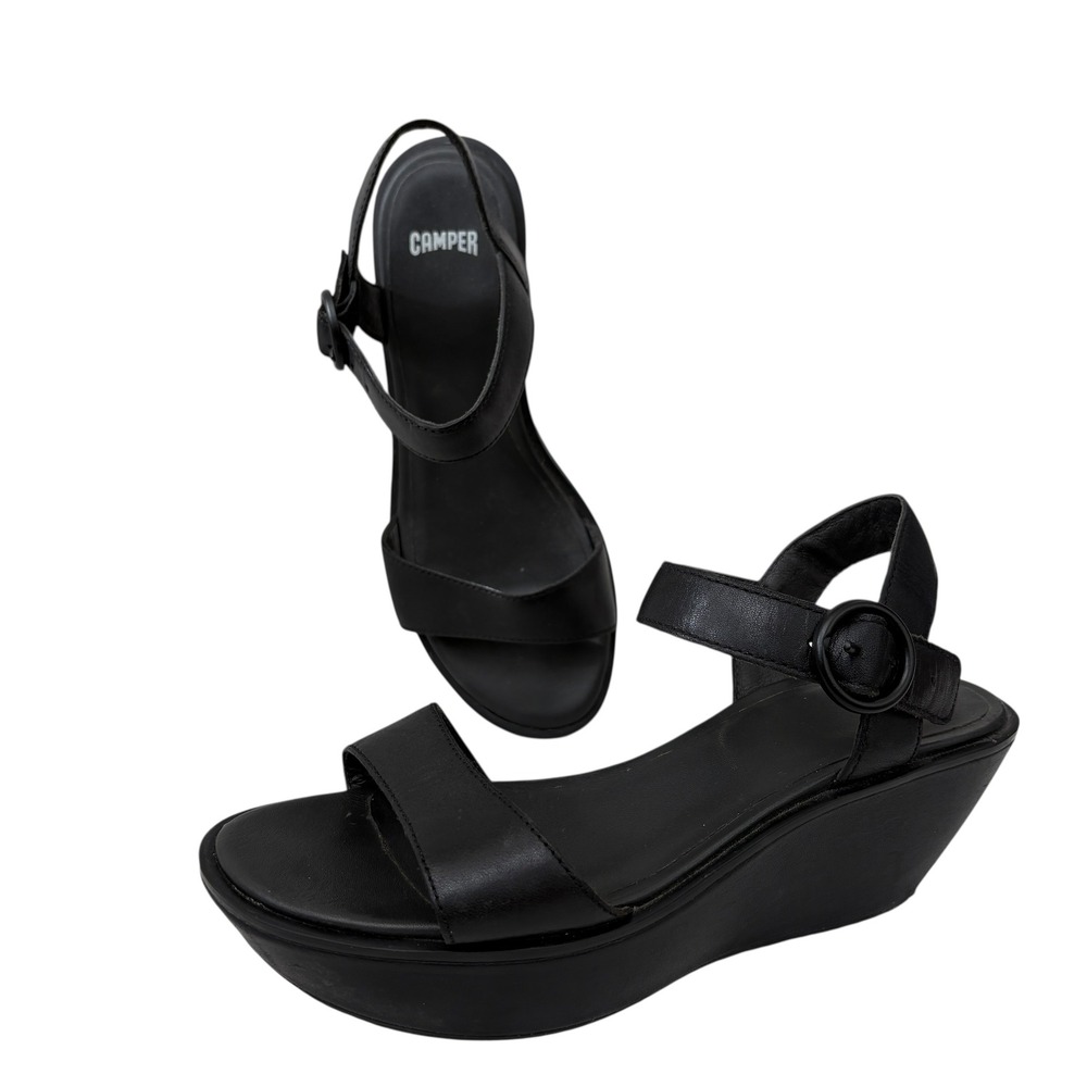 Camper Black Leather Wedge Platform Ankle Strap Sandals Women's Size 36